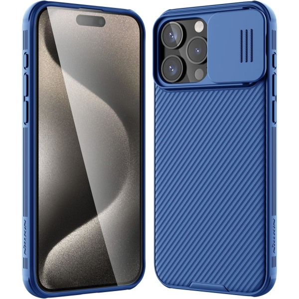 Blå iPhone 15 Pro Max med kameracover, CamShield Pro-cover [Cam