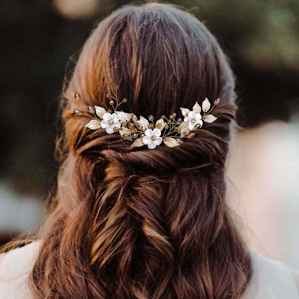 Set med 3 bröllops-håraccessoarer - Bröllopsblommor i guld, hårnålar för kvinnor och flickor O