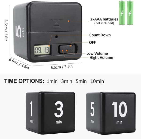Rubiks terning timer - sort, 1-3-5-10 minutter