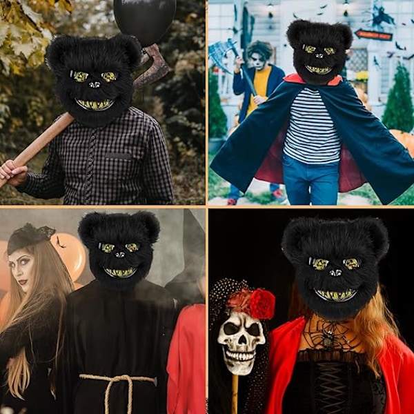 Sort Halloween-bjørnemaske, uhyggelige masker til voksne børn, horror-bamsemaske, plysset blodig