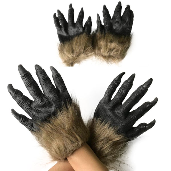 Werewolf Hand Costume Gloves - Brown Hairy Wolf Claw Hands Paws M