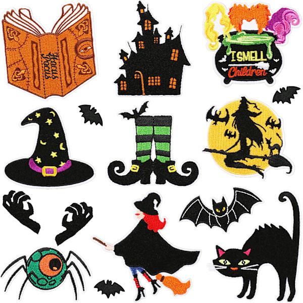 15 stk. Halloween-tema broderede klæbemærker, hekse-patches, broderede computermærker, flagermus, H