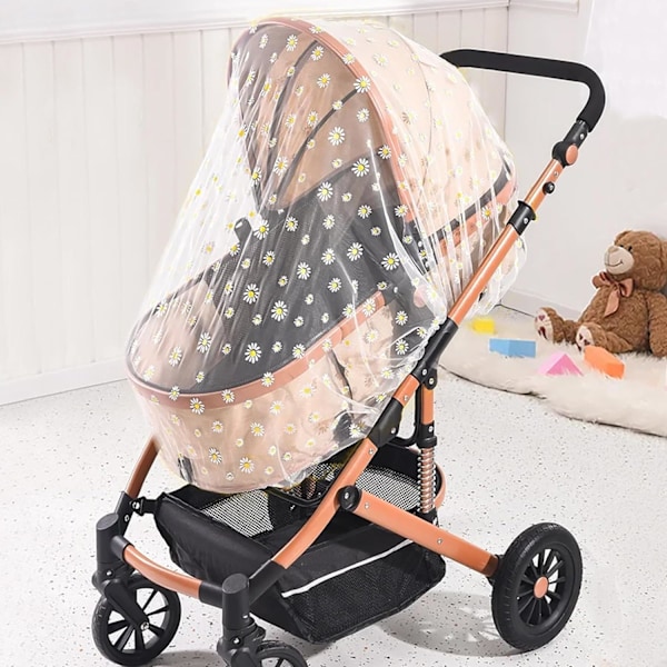 (Vit Daisy) Myggnät för barnvagn, Babyvagn Nät Bärbar Daisy Print Barnvagnsnät Skydd Per