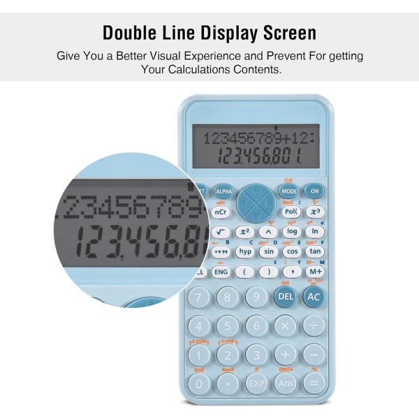 Vitenskapelig kalkulator, blå slank og bærbar, skjerm med to linjer,