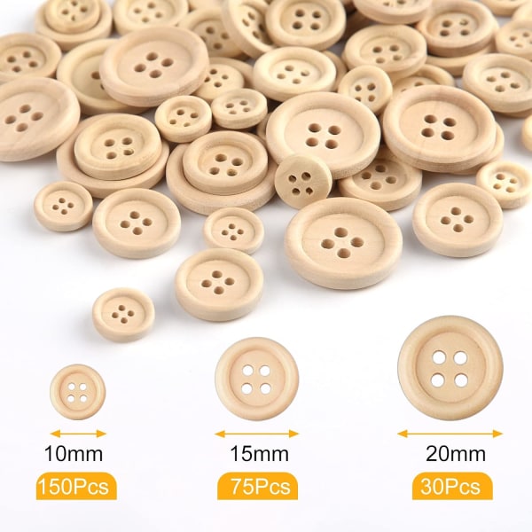 255 PCS Wooden Buttons Mixed Size Natural Wood Round Shape Button