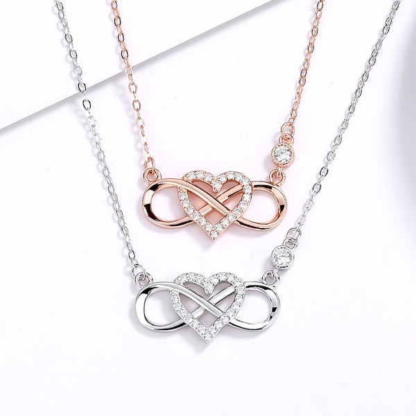 One Piece (Rose Gold, Længde ca. 40+5cm) Halskæde til Kvinder med Cubic Zirconia Rundt Hjerte Infinity Love Together Fo