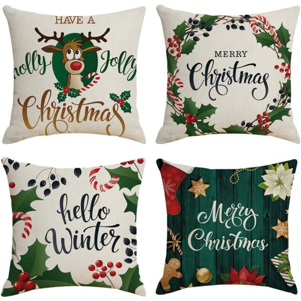 Set of 4 Christmas Decorative Square Christmas Cushion Covers Set of 4 Cushion Pillowcases, Soft Cotton Linen Throw