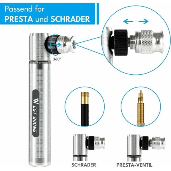Minisykkelpumpe for alle ventiler - Luftpumpe for sykkel i aluminium - Kompakt og bærbar sykkelpumpe - 160 PSI håndpumpe for BMX MTB sykkel E-sykkel med
