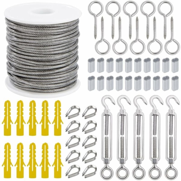 Wire Rope Hängande Kit 2mm Rostfritt Stål Rep 30m med Spännare Ögla Skruv Aluminium Hylsor Hjärta Terminal 56 Stycken