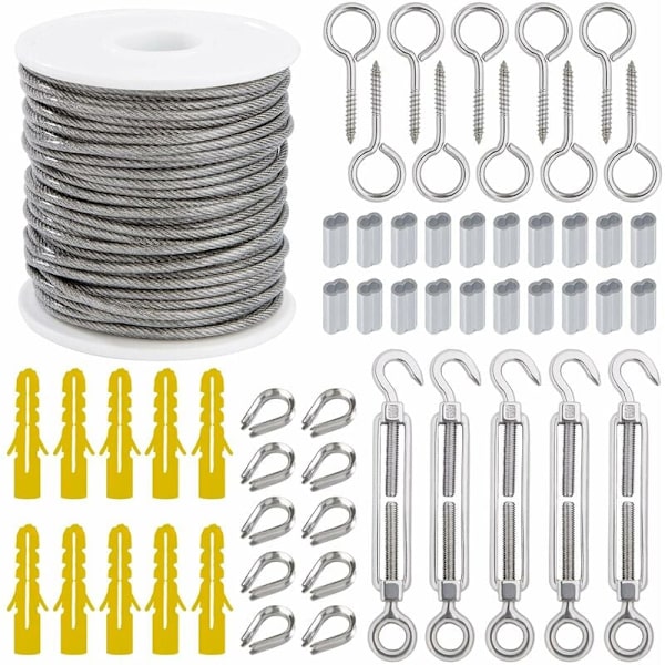 Wire Wire Hængende Kit 2mm Rustfrit Stål Wire 30m med Spænder Øjeskrue Aluminium Ærmer Hjerte Terminal 56 Stykker