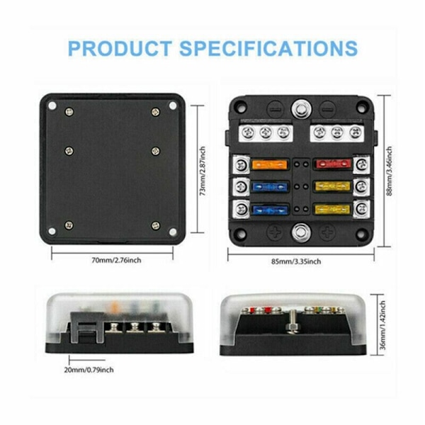 5X 6-vägs vattentät säkringsdosa, med LED-indikator 12 kretsar marin negativ låda för lastbil RV båtbil DC 12/24V