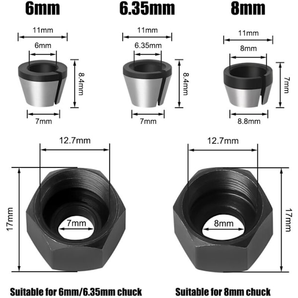 3 stk Chuck-hode for trimmer/elektrisk klemme, routerklemme, 6mm/6,35mm/8mm, konverteringsadapter for fresing av tre, chuckadapter med 2 muttere