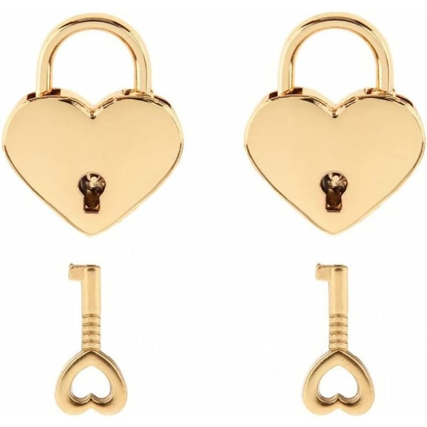 Lille hjerteformet metalhængelås, minilås med nøgle til smykkeskrin, opbevaringsæske, dagbog, 2-pak, guld
