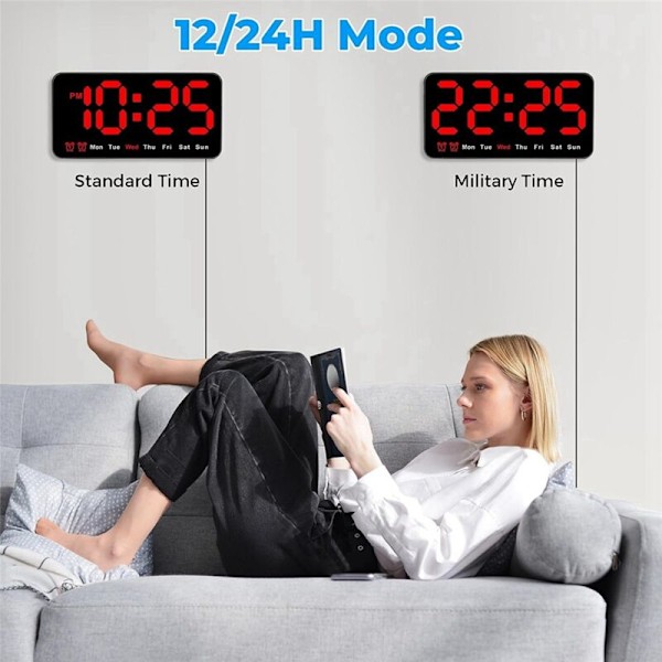 2X Digital Veggklokke, 9 Tommer LED Digital, Stor Skjerm med 12/24 Timer, Store Siffer, Liten og Stille (Rød)