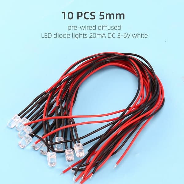 10 stk forhåndskablede, diffuse LED-diodelamper, 5 mm, 20 mA, DC 3-6 V, hvite