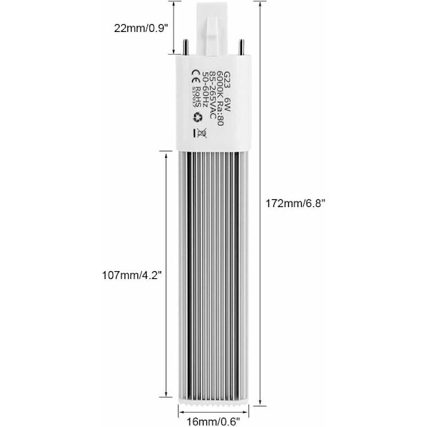 6W 2-pins Kompakt Lysrør, G23 Lysrør Horisontal Rørbase, 6000K (Hvit G23)