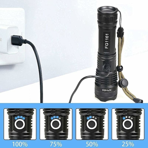 Ficklampa, Ultrastark USB Laddningsbar LED 3000 Lumen CREE XHP50 Ficklampa, 5 Lägen IP65 Vattentät Militär Zoombar för Camping Vandring