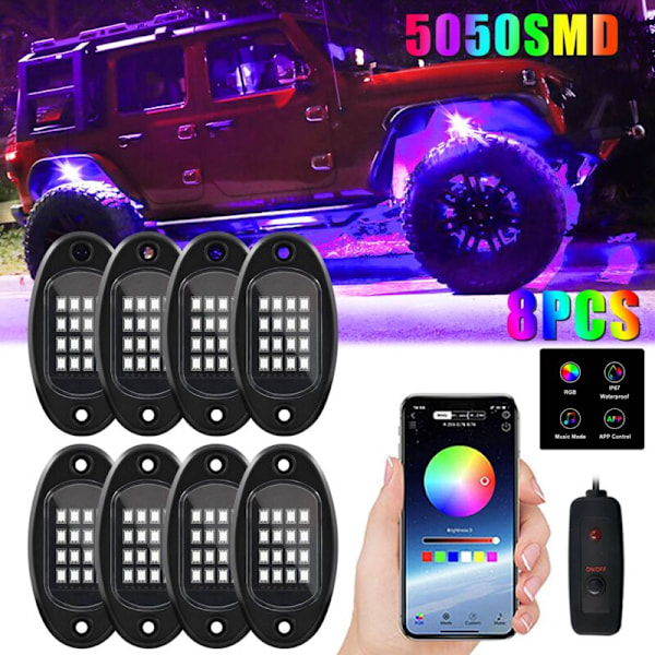 8 RGB Pods LED Lys Sæt Underglow Multi-Farve Kapsel med Bluetooth App Kontrol til Lastbil Crossmotor UTV SUV