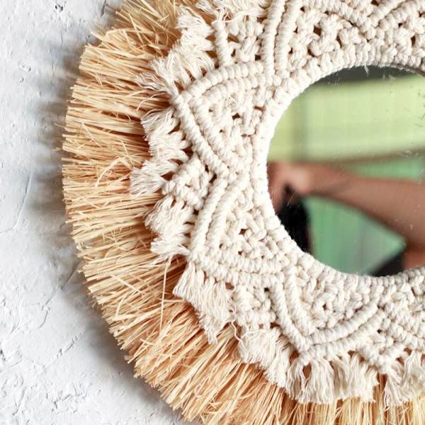 Nordisk halmvävda hotell Bed and Breakfast vägg Boho dekor spegel handvävd Macrame väggdekor dekorativ spegel