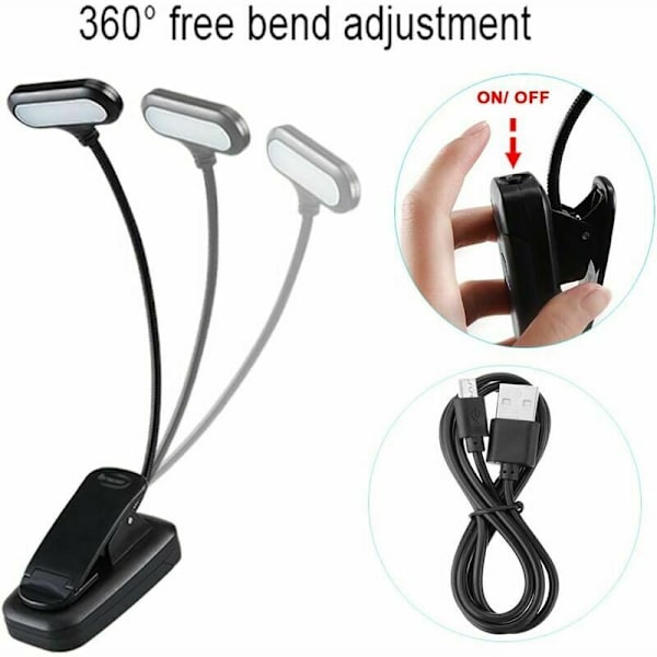 Latautuva lukulamppu, 5 LED-lukulamppu 360° joustava kaulan kirjan lukemiseen sängyssä, kiinnikkeellinen lamppu Kindlelle/kannettava kiinnikkeellinen lamppu e-lukulaitteille/yölle/matkalle