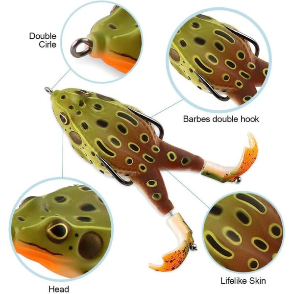 2-osainen kalastussammakko, kalastusuistimet, 9 cm:n kaksoissammakkopotkurit, pehmeä syötti 3D-silmillä, 360° pyörivä häntäkeinotekoinen pehmeä viehe ulkoiluun ja ulkoiluun
