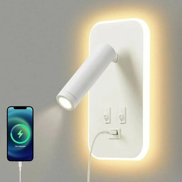 LED Vägglampa, Sängbord Läslampa med Strömbrytare, USB Laddningsport, Justerbar Stämningsbelysning för Sovrum (3W Naturligt Ljus + 9W Varm Ljus) Vit