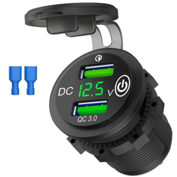 Dobbel QC3.0 USB-billaderport Ladesokkel 12V/24V Adapter med LED Digital Voltmeter Berøring Bryter C