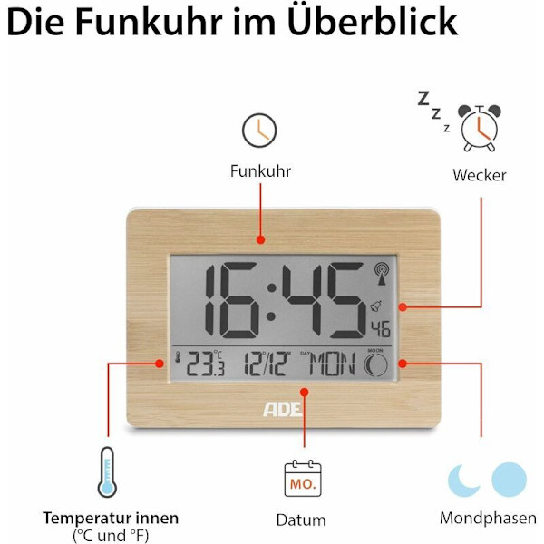 Radiostyrd klocka Digital klocka med DCF-tidssignal, äkta bambuhölje, LCD-skärm, termometer, väckarklocka och kalender. Inklusive batteri, 2