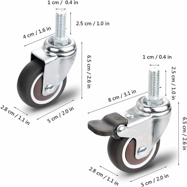Hjul Rullar, 2 Rullar med Broms + 2 Rullar Utan Broms, M10 x 25mm Flyttbara Hjul, Små Hjul Tungt PU Svängbara Rullar