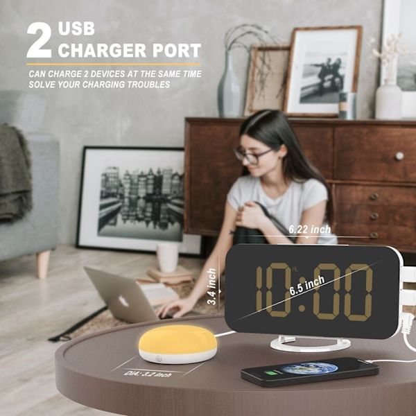 Kraftfull digital väckarklocka för vuxna tunga sovare med sängvibrator, 2 USB-laddare, justerbar LED-lampa, snooze, alarm