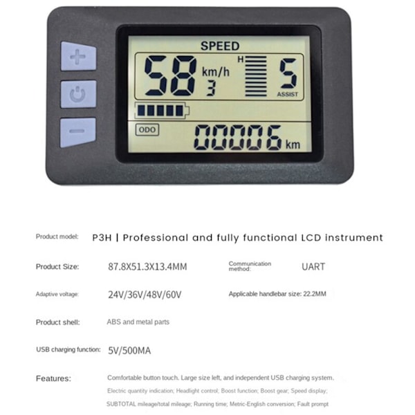 P3H LCD-displaymätare Instrumentbräda 24V-60V Elcykelmätare Displaypanel för Elsparkcykel (SM-kontakt 5PIN)