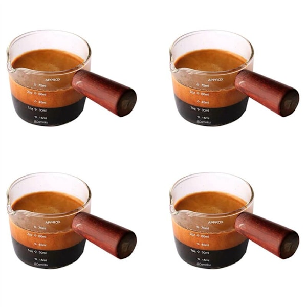 4X Glass Measuring Cup Shot Glass 75ML Triple Barista Pitcher Single Spouts with Wooden Handle