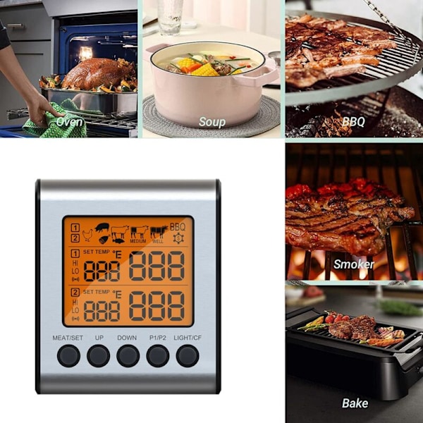 Kaksoisanturinen Digitaalinen Ulkoilma Lihan Lämpömittari BBQ Uunin Lämpömittari Suurella LCD-näytöllä Keittiöön