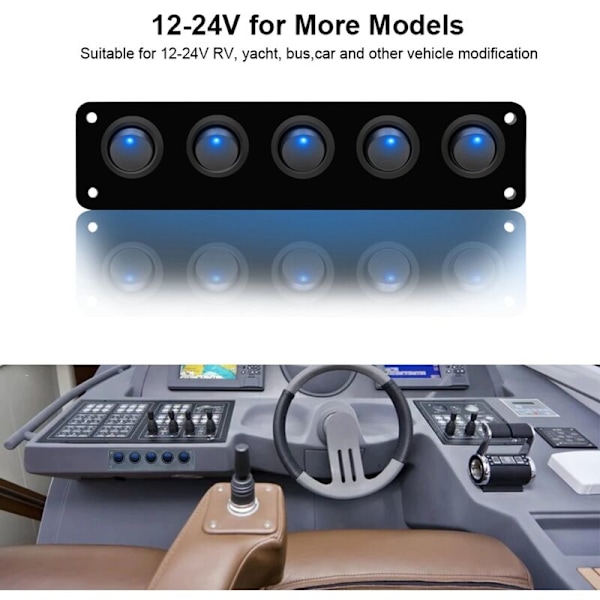 5-veis rund instrumentpanel vippebryterpanel vanntett 12-24V LED for RV-skip yacht marine bil marine skip blå
