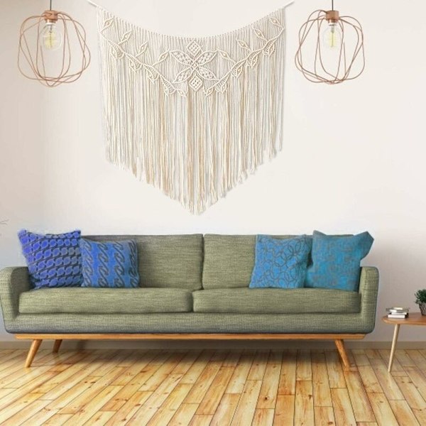 Macrame Väggbonad, Vävd Gobeläng, Modern Chic Vävd Konst, Handgjord Heminredning, Pärlbesatt Väggdekor för Bröllop, Sovrum, Vardagsrum (100 x 96cm) H