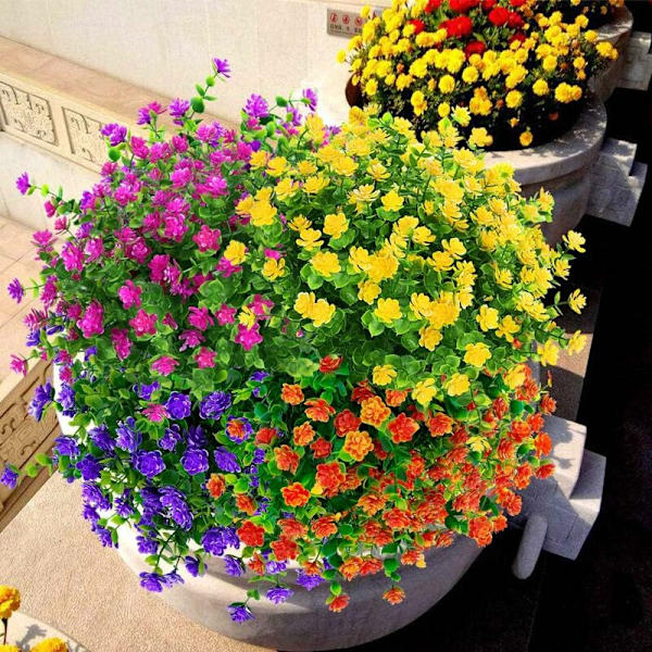 Kunstige Blomster til Udendørs, Faux Plastik Grønt til Indendørs Udendørs Hængende Plantepotte Hjem Kontor Bryllup Landhus Dekoration 8 stk Gul