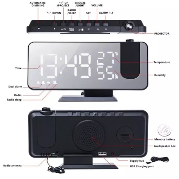 Projektionsväckarklocka, digital LED-väckarklocka med 180° projektion, radioväckarklocka med USB-port, stor LED-skärm, dubbel väckarklocka med snooze-funktion, 4 ljusstyrkor