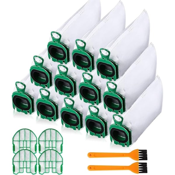 12 støvsugerposer til Vorwerk Kobold VB100 VB 100 FP100 FP 100, erstatningsstøvsugerpose-sett kompatibelt med 4 motorfiltre + 2