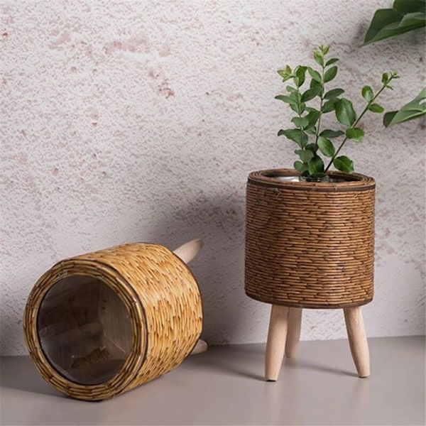 Vintage Imitation Rattan Vævet Blomsterhylde Plantepotte Håndlavet Opbevaringskurv med Træben, A