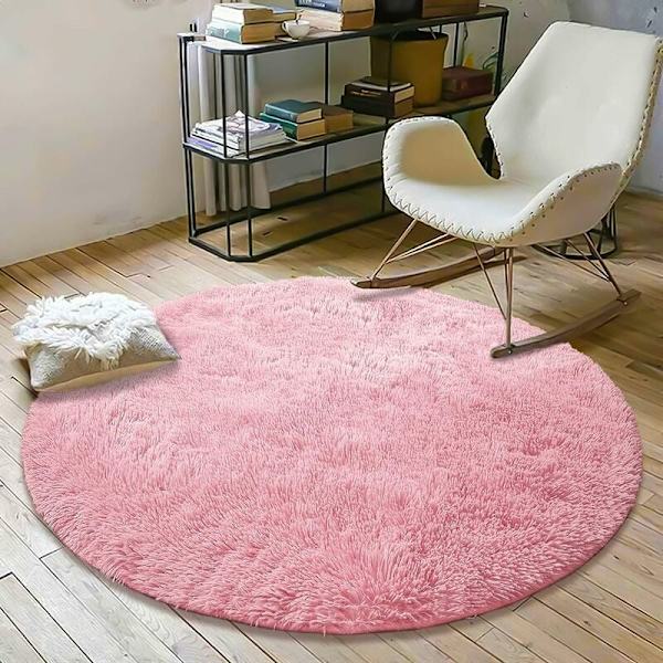 Moderne stuegulvteppe, hjemmedekorasjon, supermyk plysjrundt soveromsteppe, mykt og fluffy innendørs teppe (rosa, 100x100cm)-