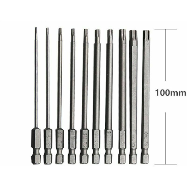 10 st långa Torx-bits i krom-vanadinlegering stål 100 mm långa skruvmejselbits rostfria set för skruvmejsel elektrisk borrmaskin underhåll
