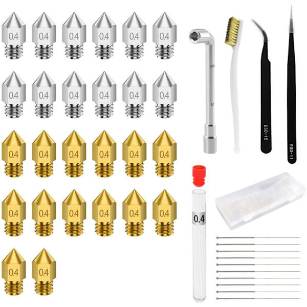 3D Printer Dysenkit, 24 Dele 0,4 mm 3D Printer Ekstruder Dyser til MK8 + Pincet Nøgler