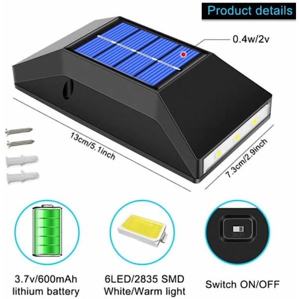 2 Pak Solcelle LED Op & Ned Lys Udendørs IP65 6 LED Solcelle Vægslys Op og Ned, Solcelle Vægslys til Udendørs, Have, Have - Hvidt Lys