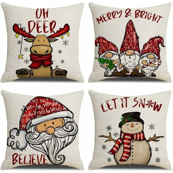 Julepuderbetræk 45x45cm, Sæt af 4 Juledekorationssofaer i Bomuld og Hør Jul til Sofa Seng Soveværelse Stol Have-Retro Jul