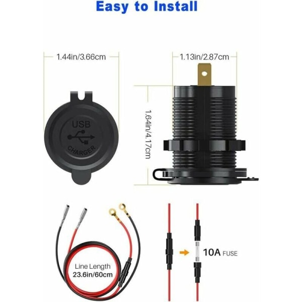 Hurtig oplader 3.0 USB bil hurtig oplader stikkontakt adapter med switch 12V/24V 36W Dual QC3.0 USB til marine, båd, motorcykel, lastbil (rød)