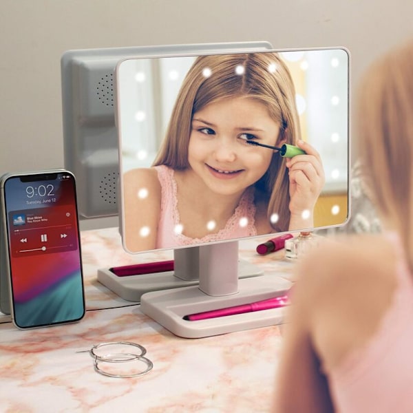 Meikkipöytäpeili valoilla ja Bluetooth-kaiuttimella, U-Reflect Beauty LED langaton kääntyvä peili tarjottimella (valkoinen) - RWRadio ja kaiutin kylpyhuoneeseen