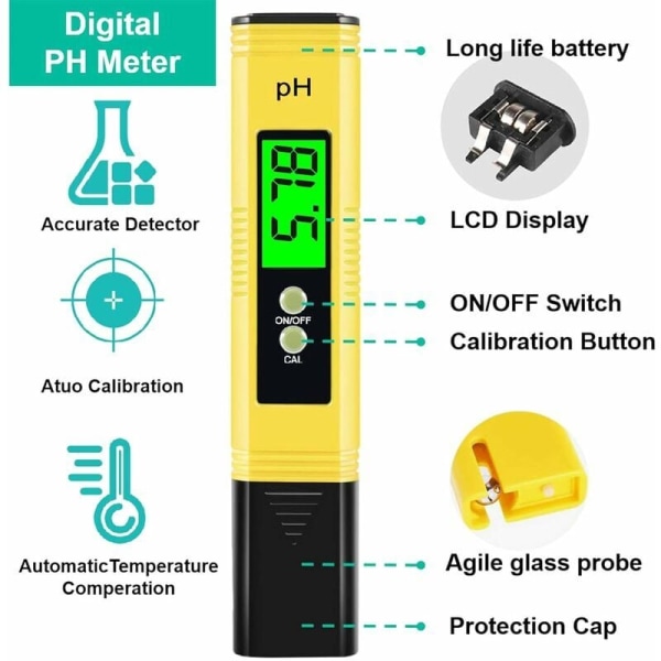 Digital PH-måler pH-tester, profesjonell PH-penn, høy nøyaktighet 0,01 PH, måleområde 0-14 PH, vann-PH-tester ideell for hjemmedrikking, svømmebasseng P