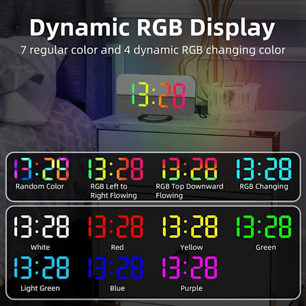RGB digital väckarklocka för sovrum, 6,5 tum HD och spegelscreen med 4 RGB-färgväxling och 7 vanliga färgciffror B