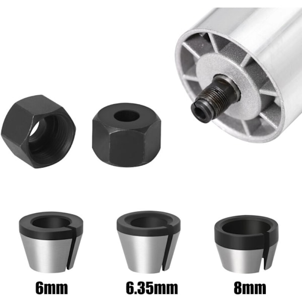 3 stk Chuck-hode for trimmer/elektrisk klemme, routerklemme, 6mm/6,35mm/8mm, konverteringsadapter for fresing av tre, chuckadapter med 2 muttere