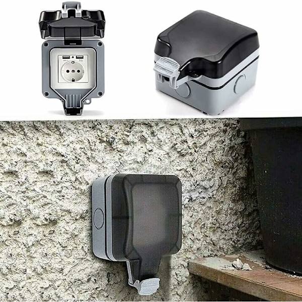 IP66 Vandtæt Stikkontakt med USB-tilslutninger Udendørs Stikkontakt med Dæksel Væg Stikdåse til Have Garage Swimmingpool